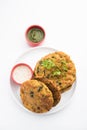 Palak Poori or spinach puri served with chutney, Indian food